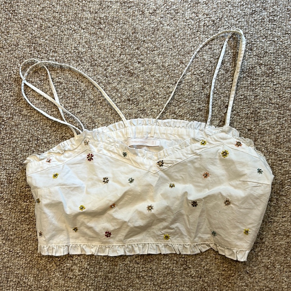 Zara white strappy ruffle white crop top with beaded flower detail size medium